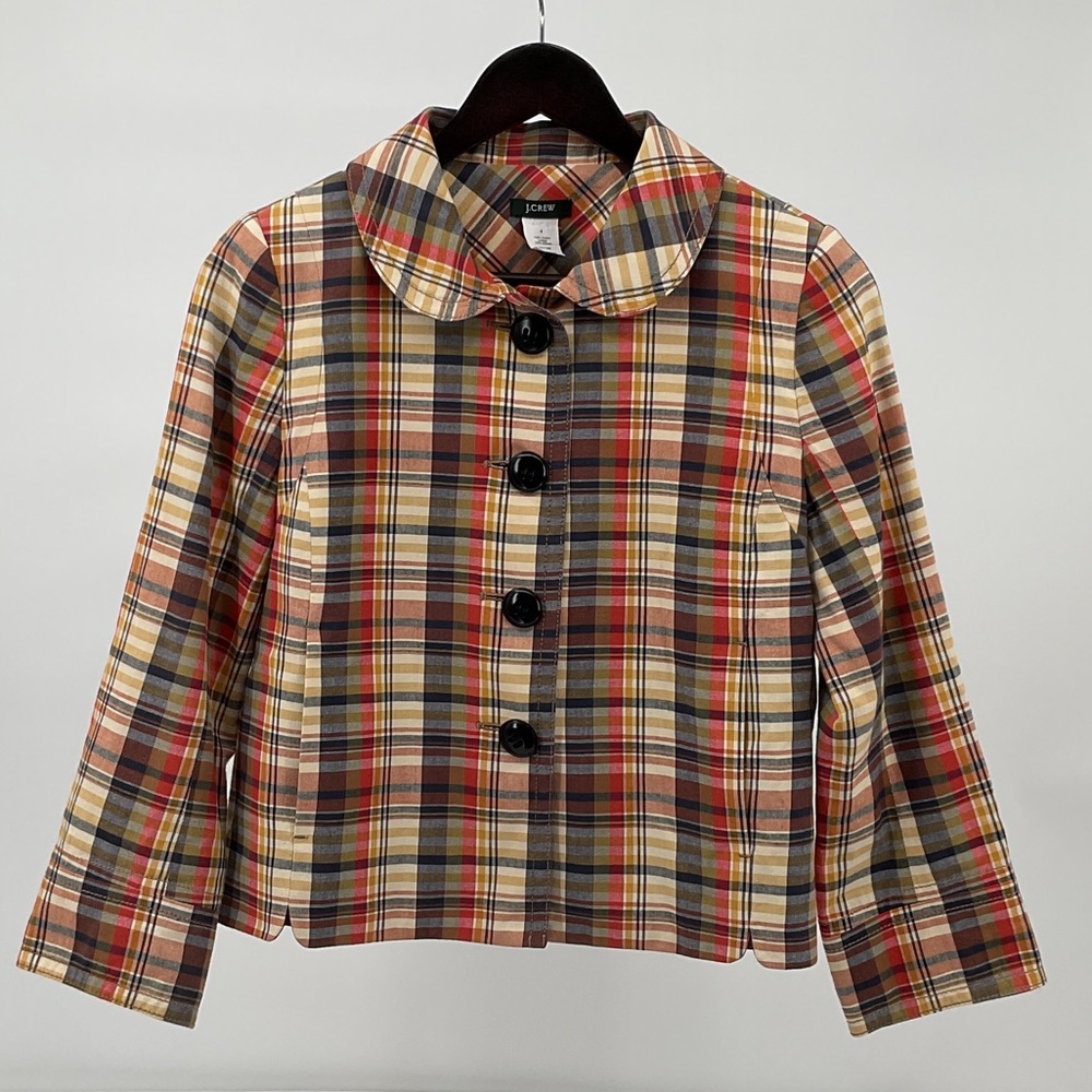J.Crew Plaid Cropped Jacket Size 4 Peter Pan Collar Cotton Fully Lined